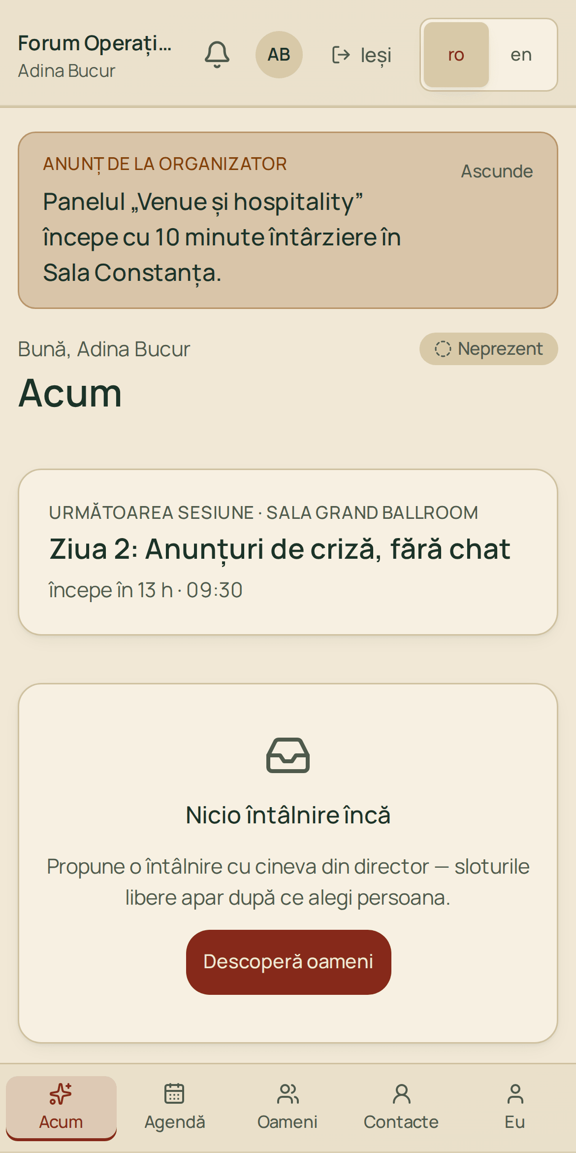 Aplicația participantului pe telefon: ecranul Acum